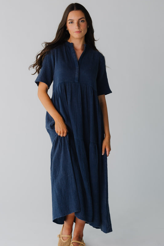 Brass & Roe Pondering Gauze Straight Sleeve Dress women's dress in navy