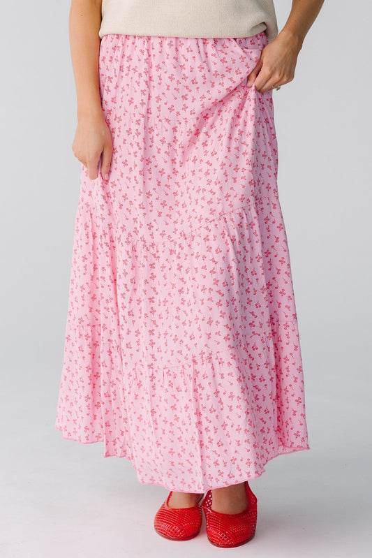 Brass & Roe Sugarplum Tiered Midi Skirt in pink