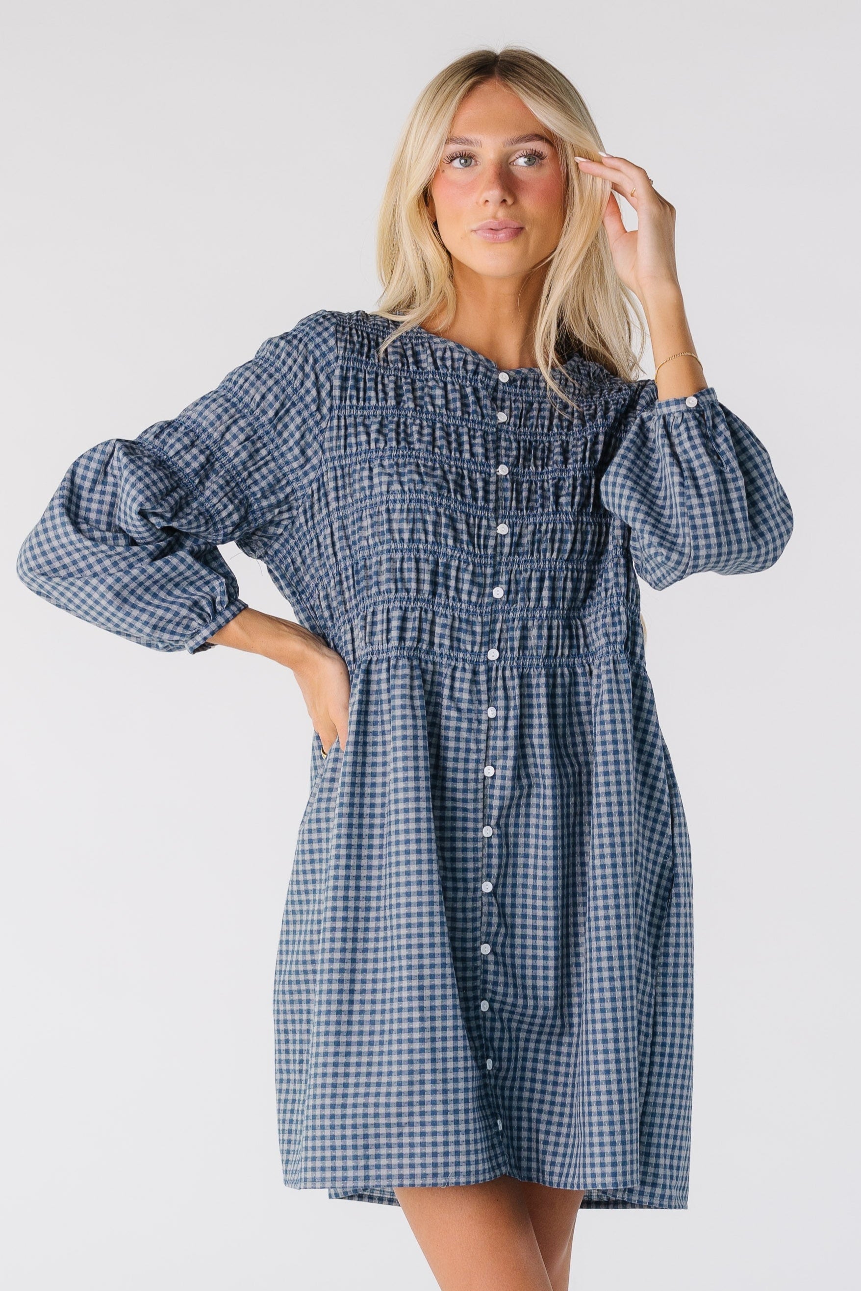 Brass & Roe Talia Smocked Dress for women and teens in blue gingham