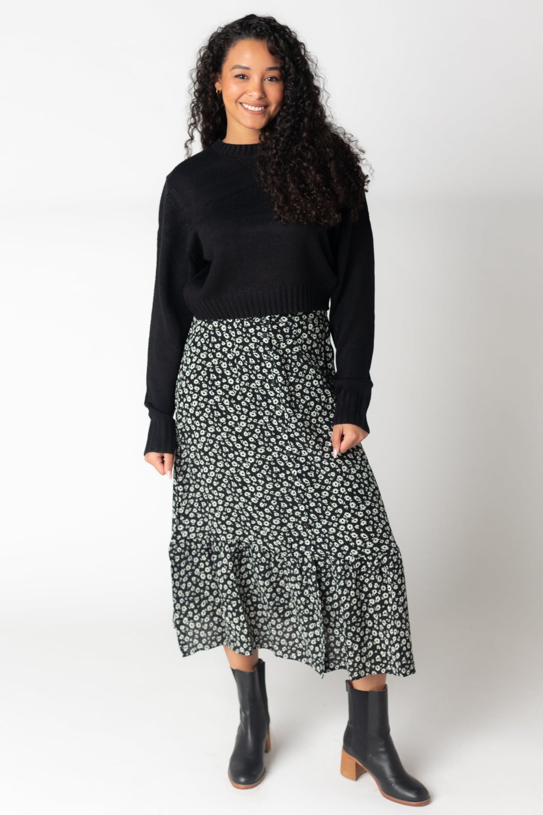 Brass & Roe Next Day Button Down Skirt in midi length with black an white floral print