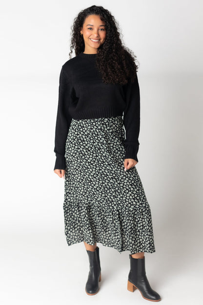 Brass & Roe Next Day Button Down Skirt in midi length with black an white floral print