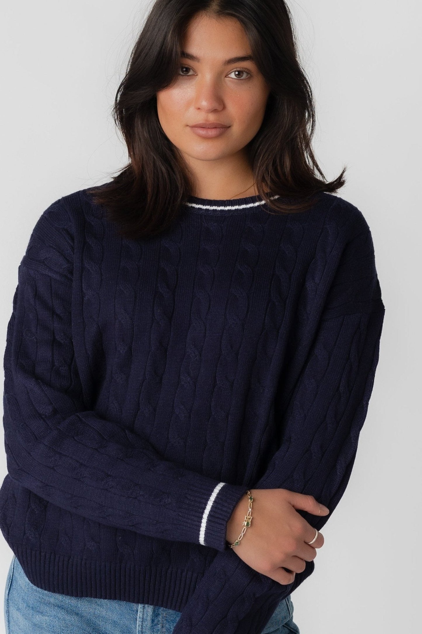 Modest navy cable knit long sleeve sweater