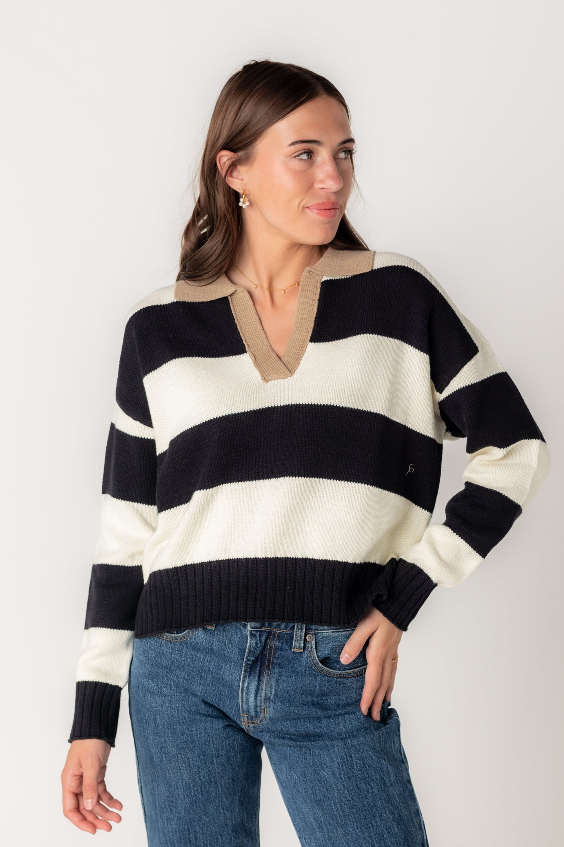 Brianna Stripe Collared Knit Sweater WOMEN'S SWEATERS Blu Pepper 