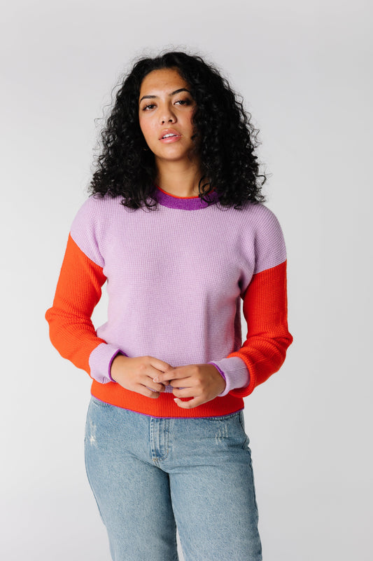 Cheerful lavender and orange long sleeve sweater