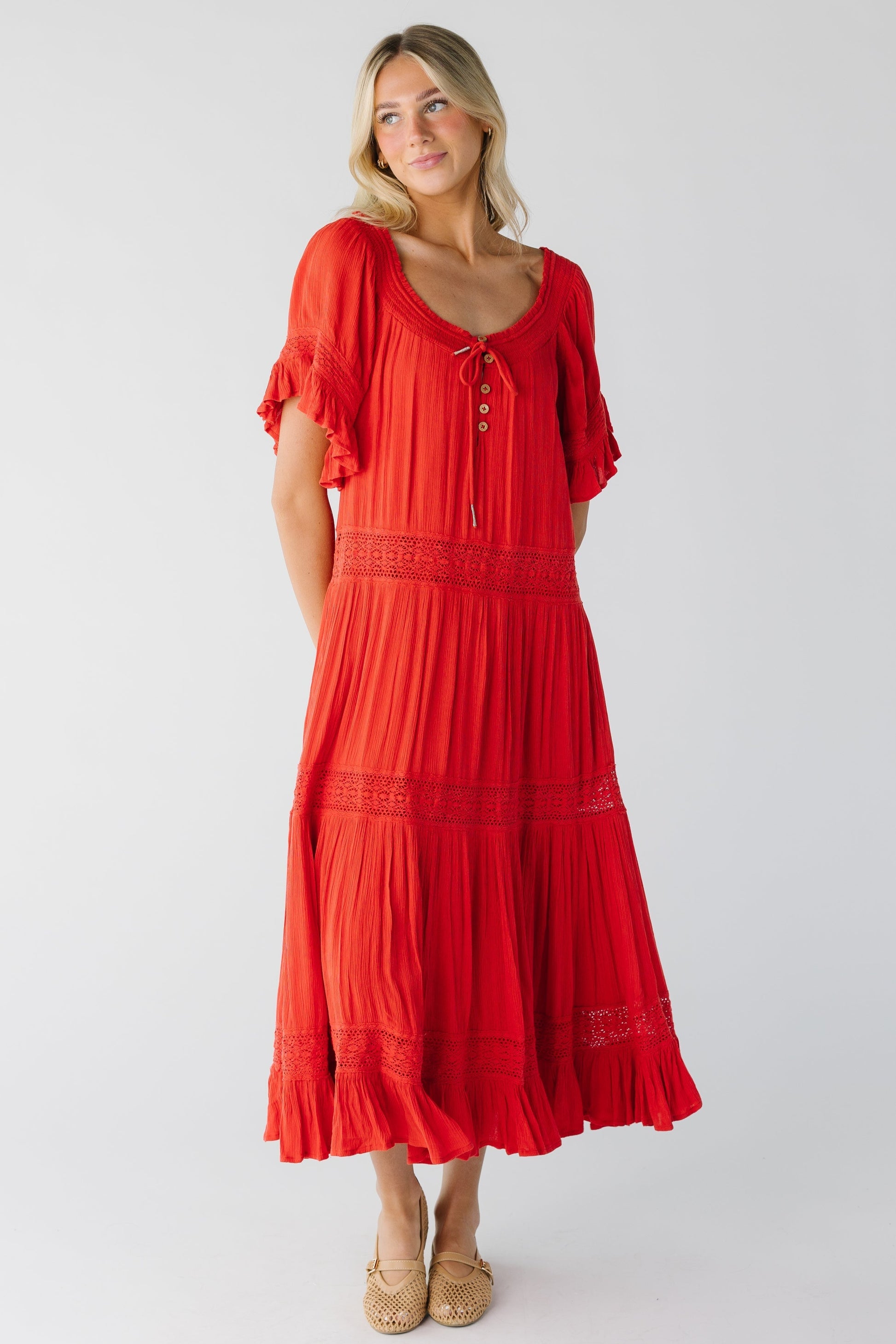 Brode Lace Dress in red