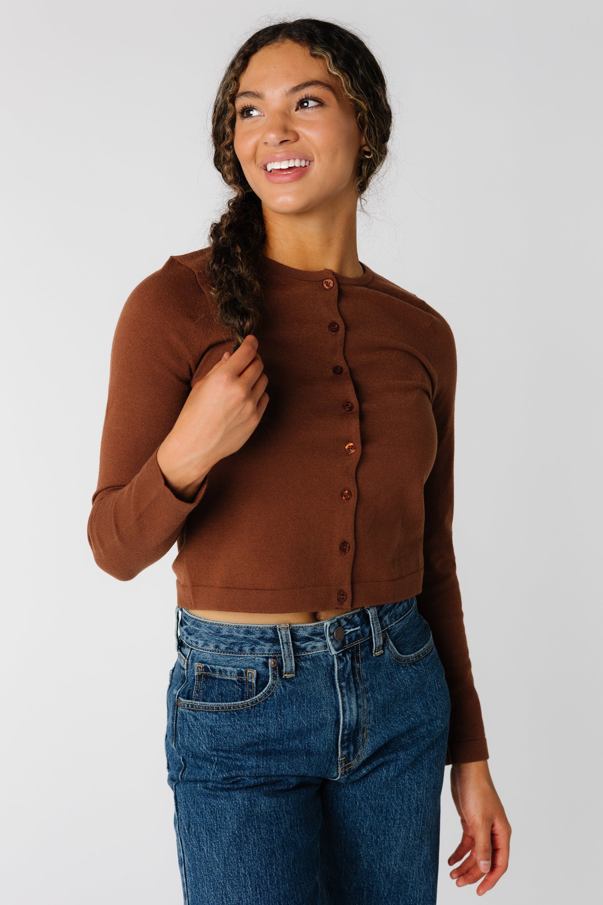 Brown long sleeve cardigan with matching buttons