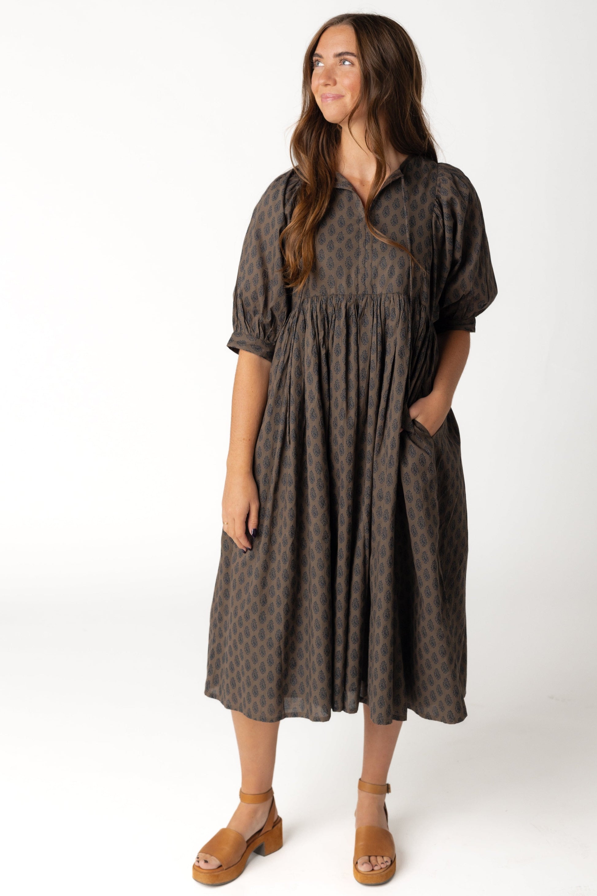 Modest brown and black print midi dress by Citrus of Brass and Roe