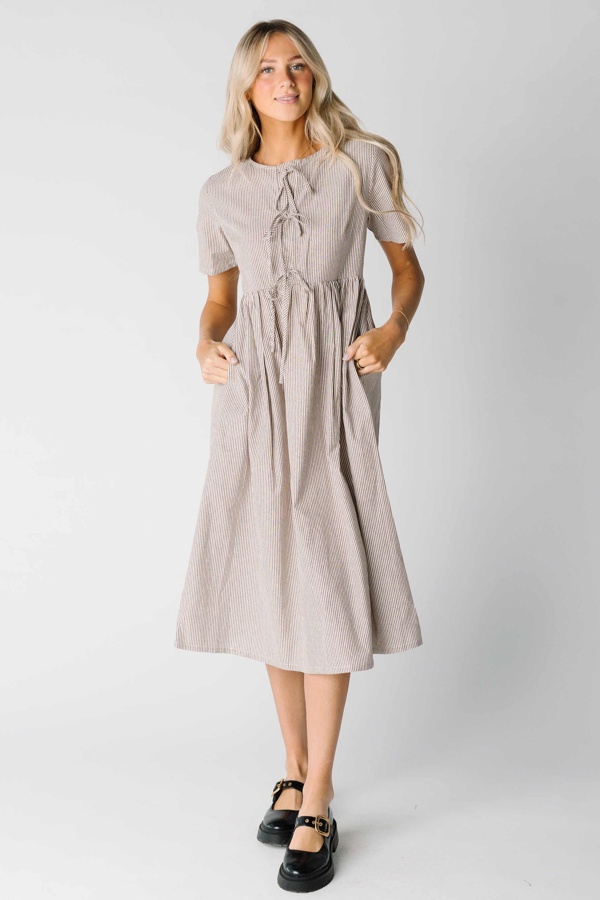 Cream and brown narrow stripe dress with side pockets