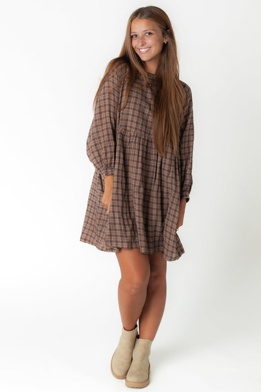 Brass & Roe Crew Plaid Dress WOMEN'S DRESS brass & roe Brown Plaid XS 