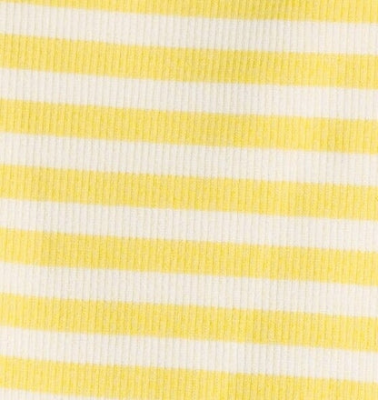 Yellow and white stripe fabric swatch.