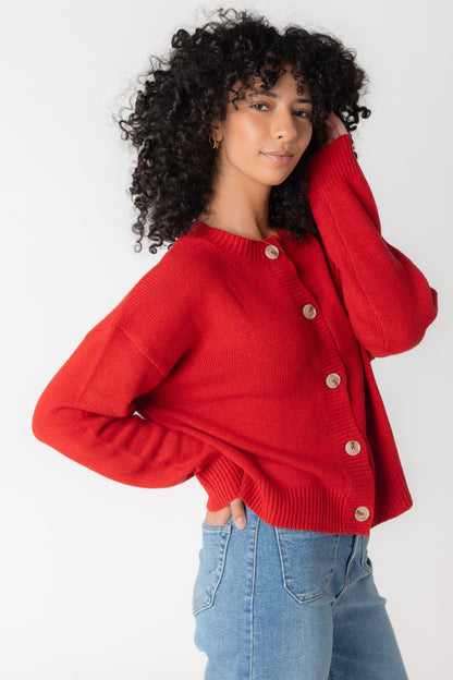 Modest button cardigan with crew neckline and long sleeves