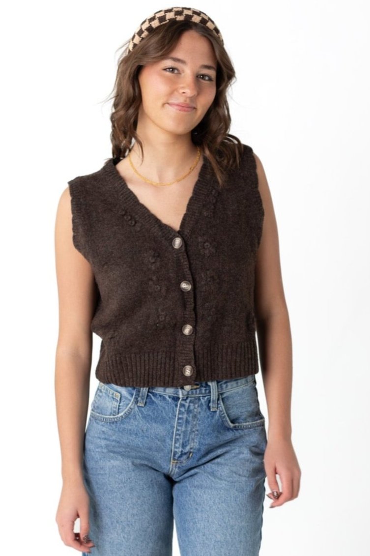 Brown button down sweater vest with V-neckline and same yarn embroidery details