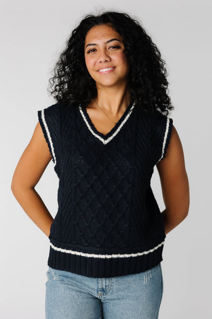 Modest navy cabled sweater vest