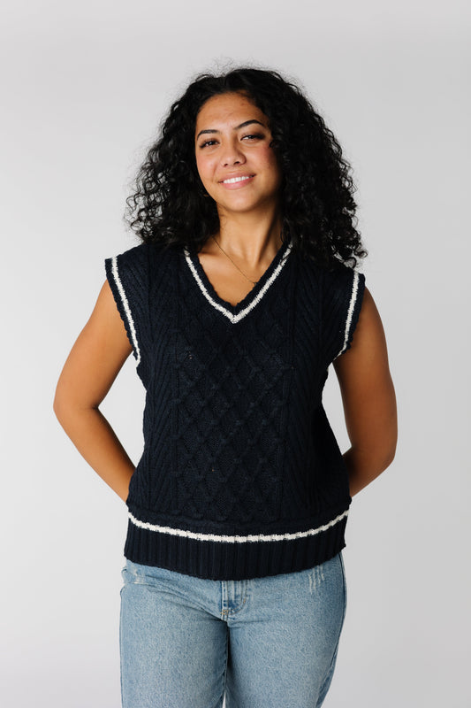 Modest navy cabled sweater vest