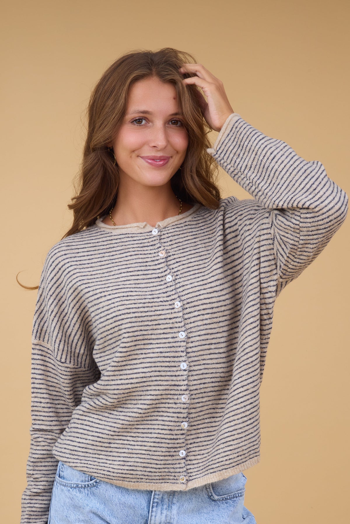 Carly Pinstripe Cardigan  in natural and thin black stripe for women and teen girls.