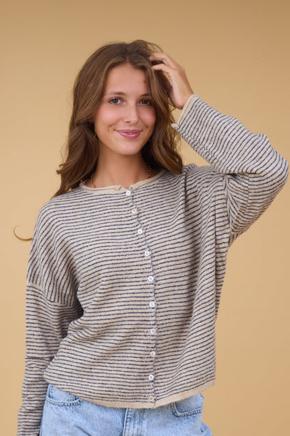 Carly Pinstripe Cardigan  in natural and thin black stripe for women and teen girls.