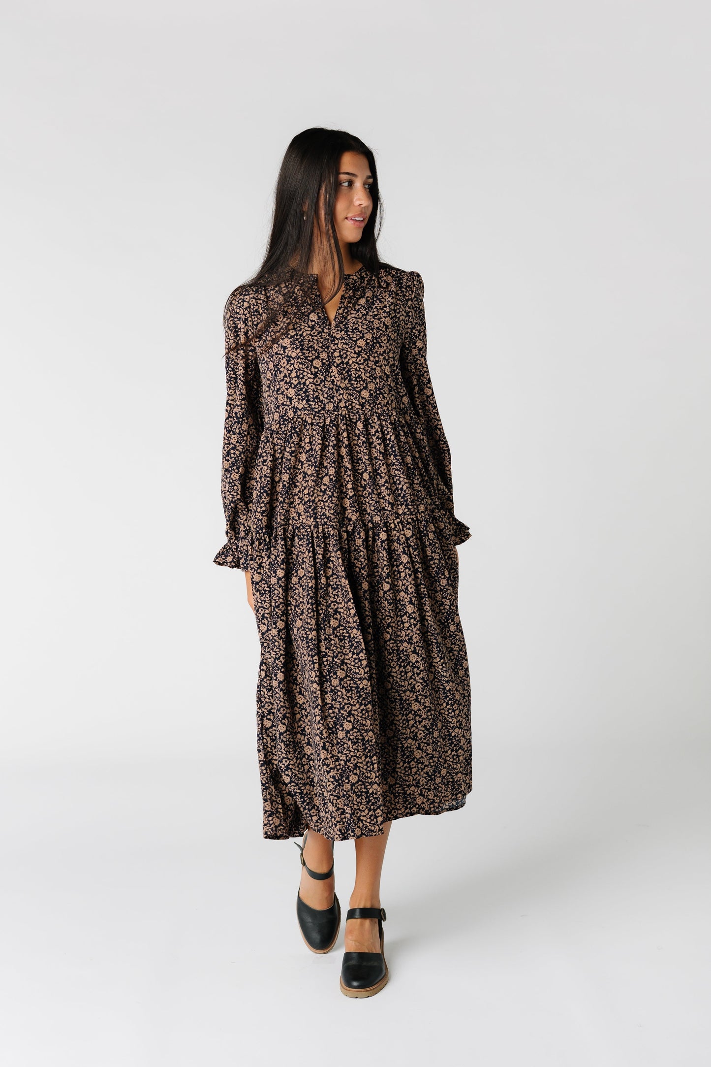 Brass & Roe Carol Fall modest midi dress with long sleeves