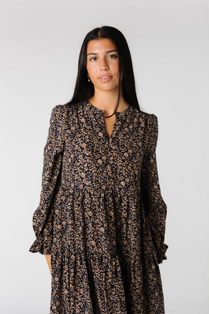 Brass & Roe Carol Fall print dress with long sleeves and notched neckline