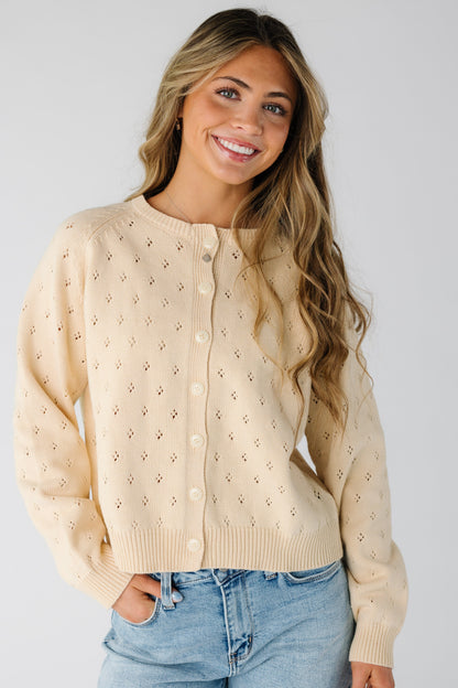 Cassidy Knit Eyelet Cardigan in cream for women and teens.