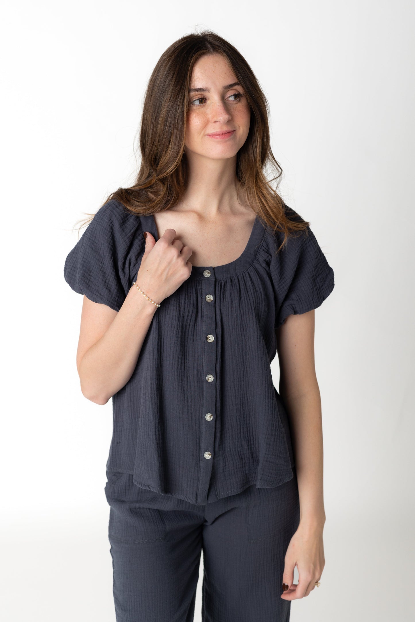 Modest charcoal gauzy top with short puff sleeves