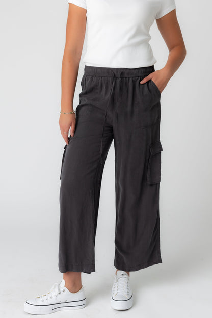 Charcoal drawstring cargo pant with wide leg