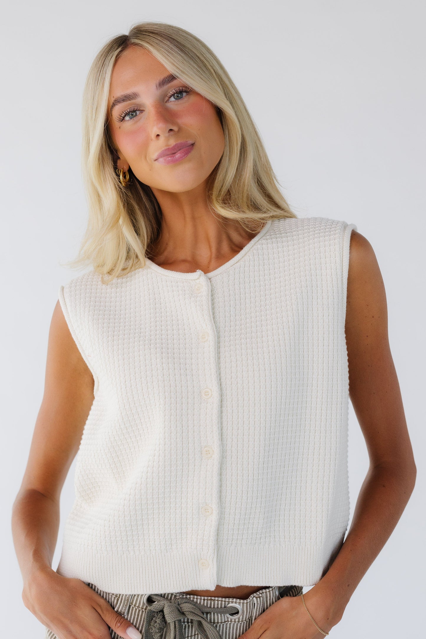 Check Knit Vest  in cream for women and teen girls.