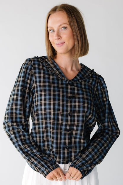 Checkmate Blouse for women and teens in a navy plaid
