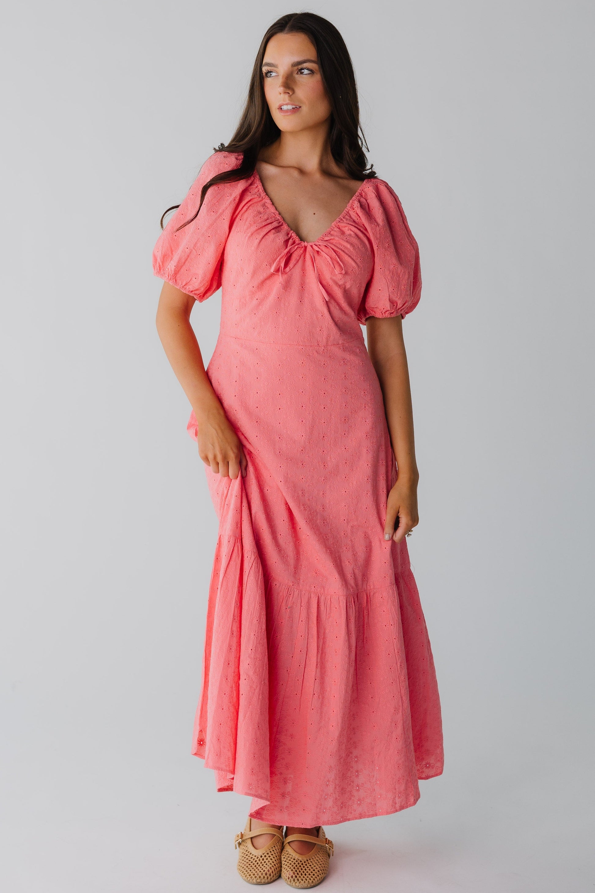 Citrus Alba Eyelet Midi Dress for women in coral