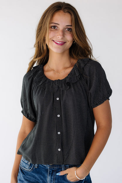 Citrus Collar Top- Spring  in black and white polka dot for women and teens.