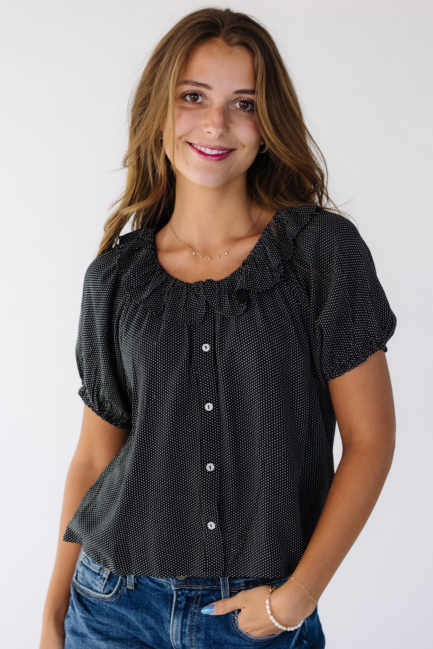 Citrus Collar Blouse in black polka dot for women and teen girls.