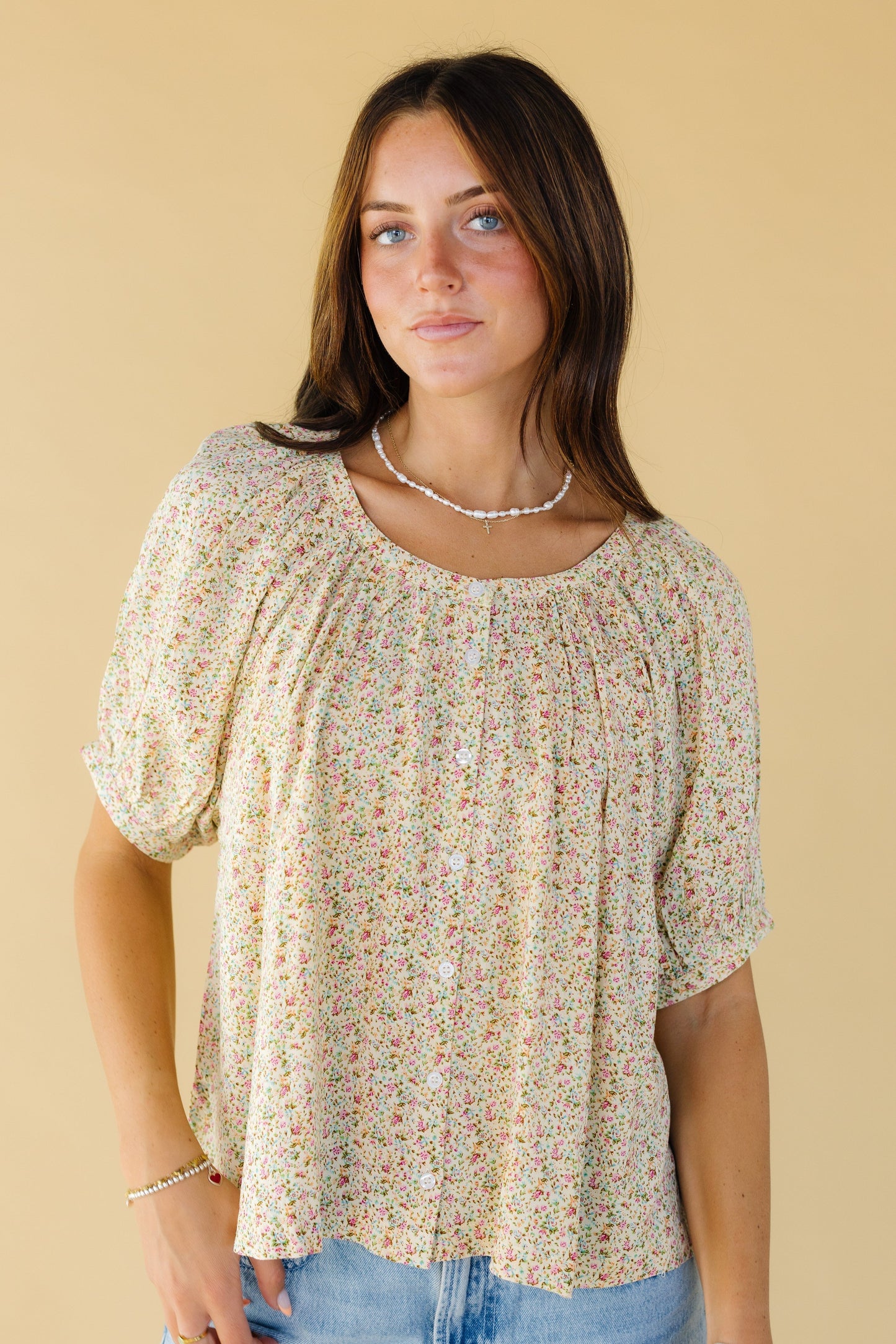 Citrus Ditsy Yellow Print Top in yellow floral print for women and teen girls.