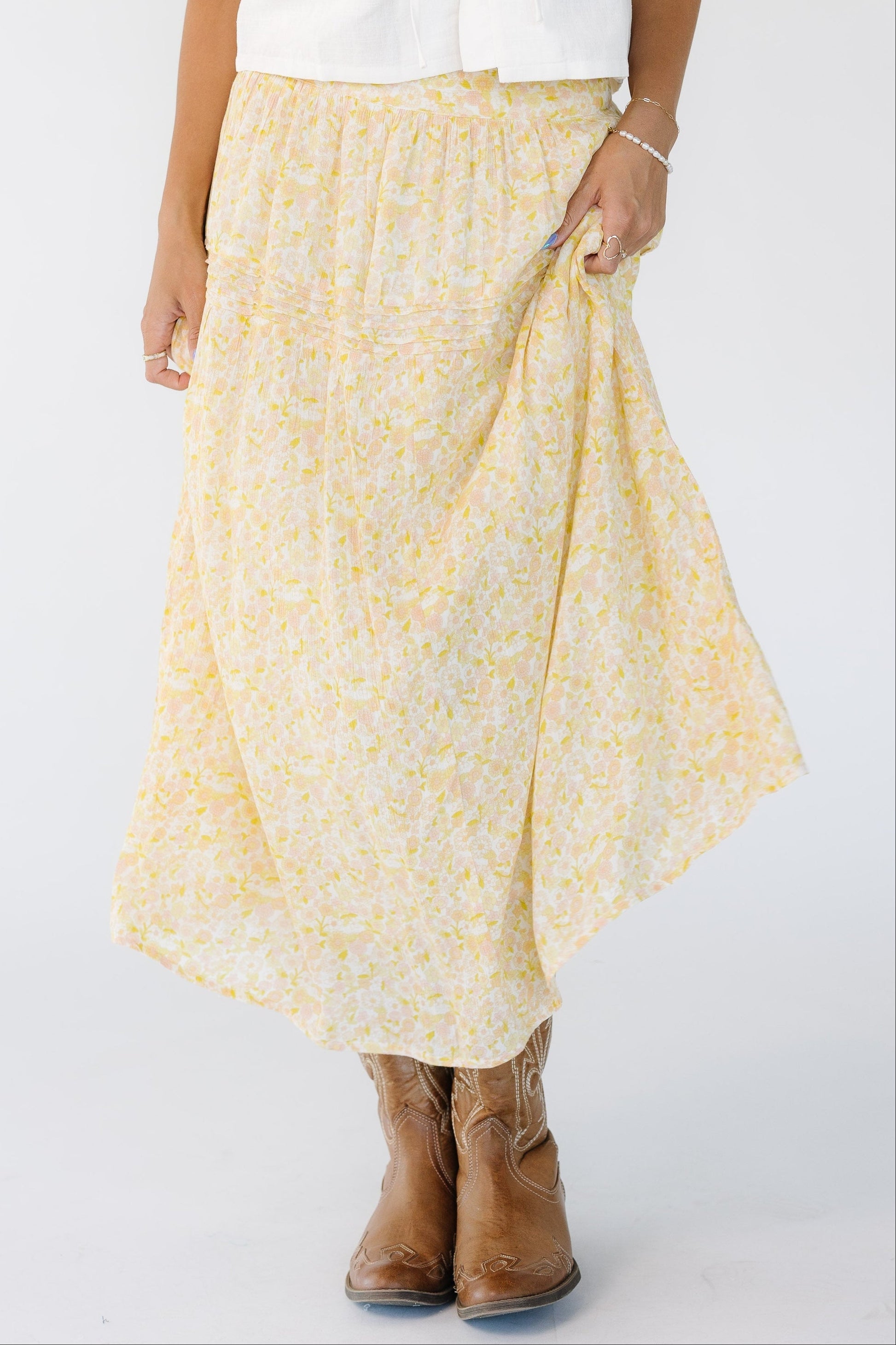 Citrus Doen Skirt in yellow floral print for women and teens.