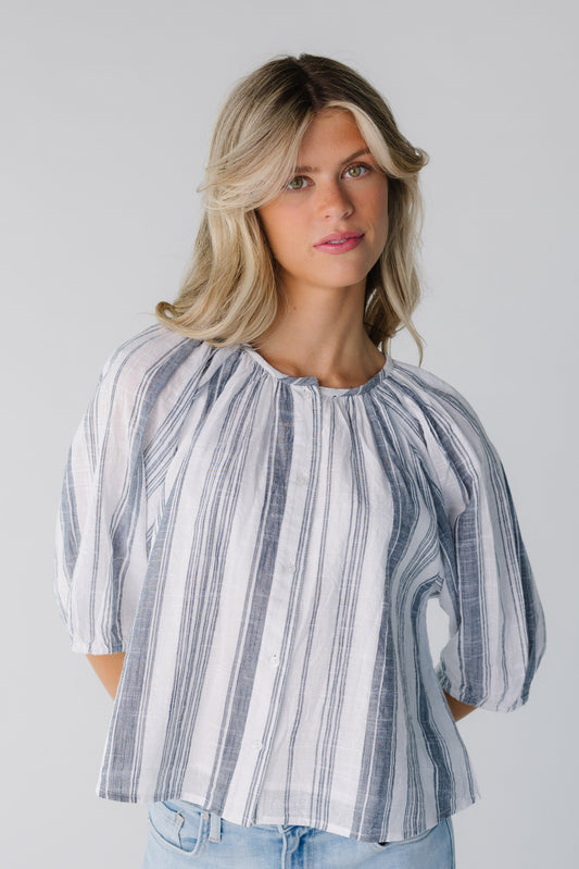 Citrus Downtown Stripe Button Down Top in blue and white