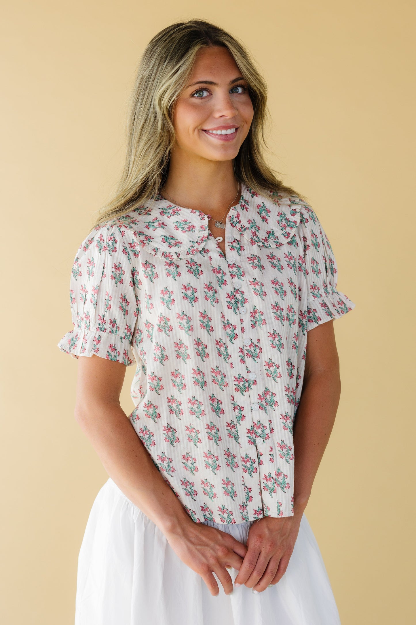 Citrus The Ellie Collar Blouse WOMEN'S TOP Citrus Pink Flower XS 