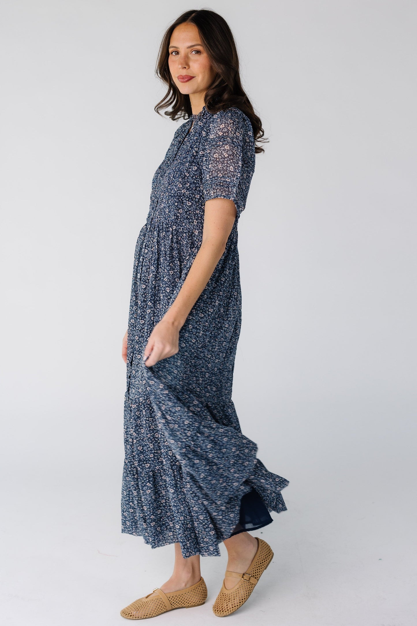 Citrus Flower Fields Chiffon Dress WOMEN'S DRESS Citrus Blue Print XS 