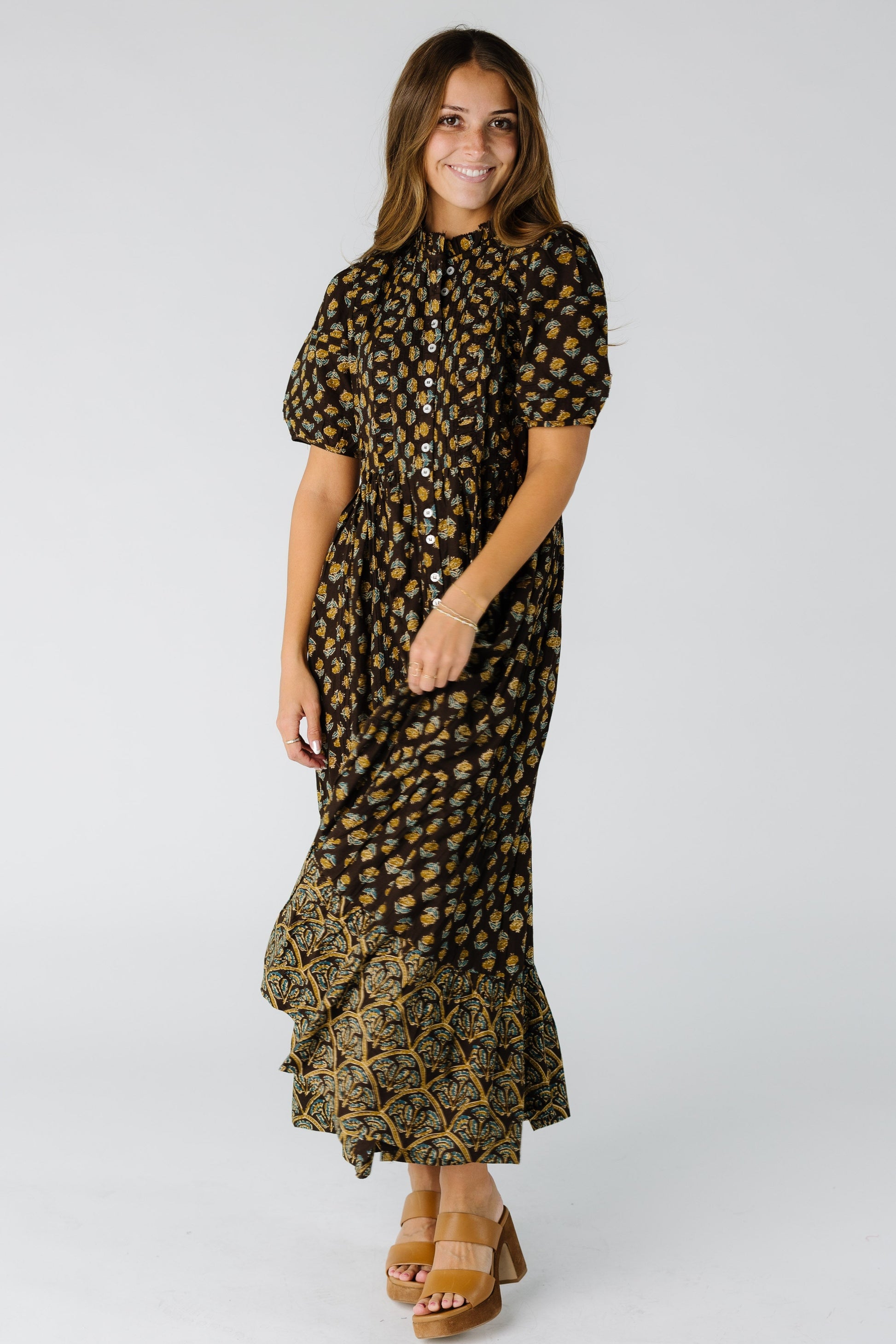 Citrus Flower Fields Mixed Print Dress in brown floral for women and teens