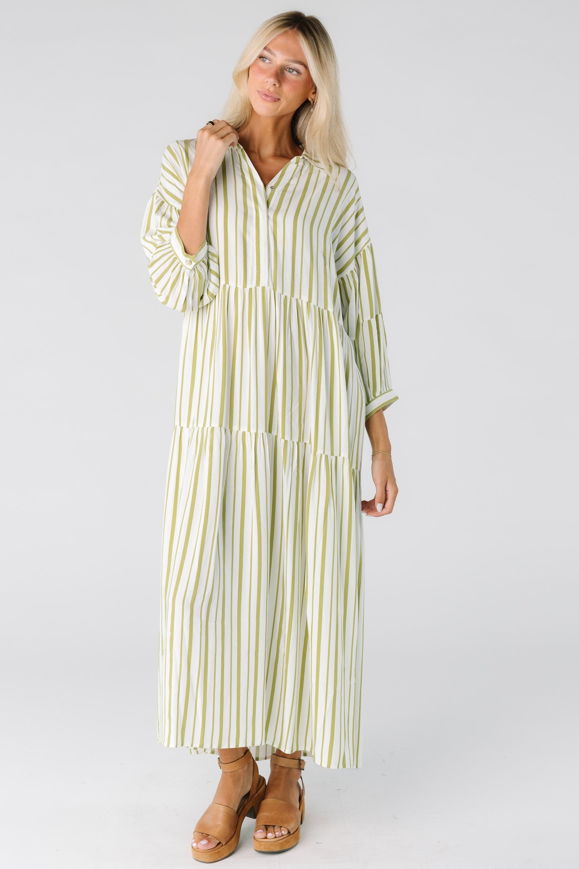 Citrus Havana Stripe Dress for women in green and ivory stripe