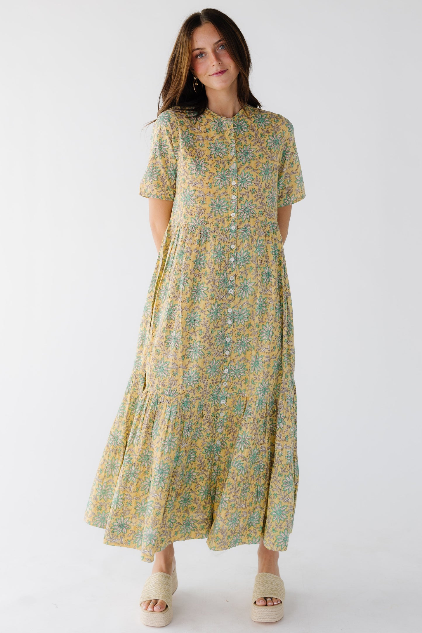 Citrus Loft Print Dress in yellow floral print for women and teenage girls.