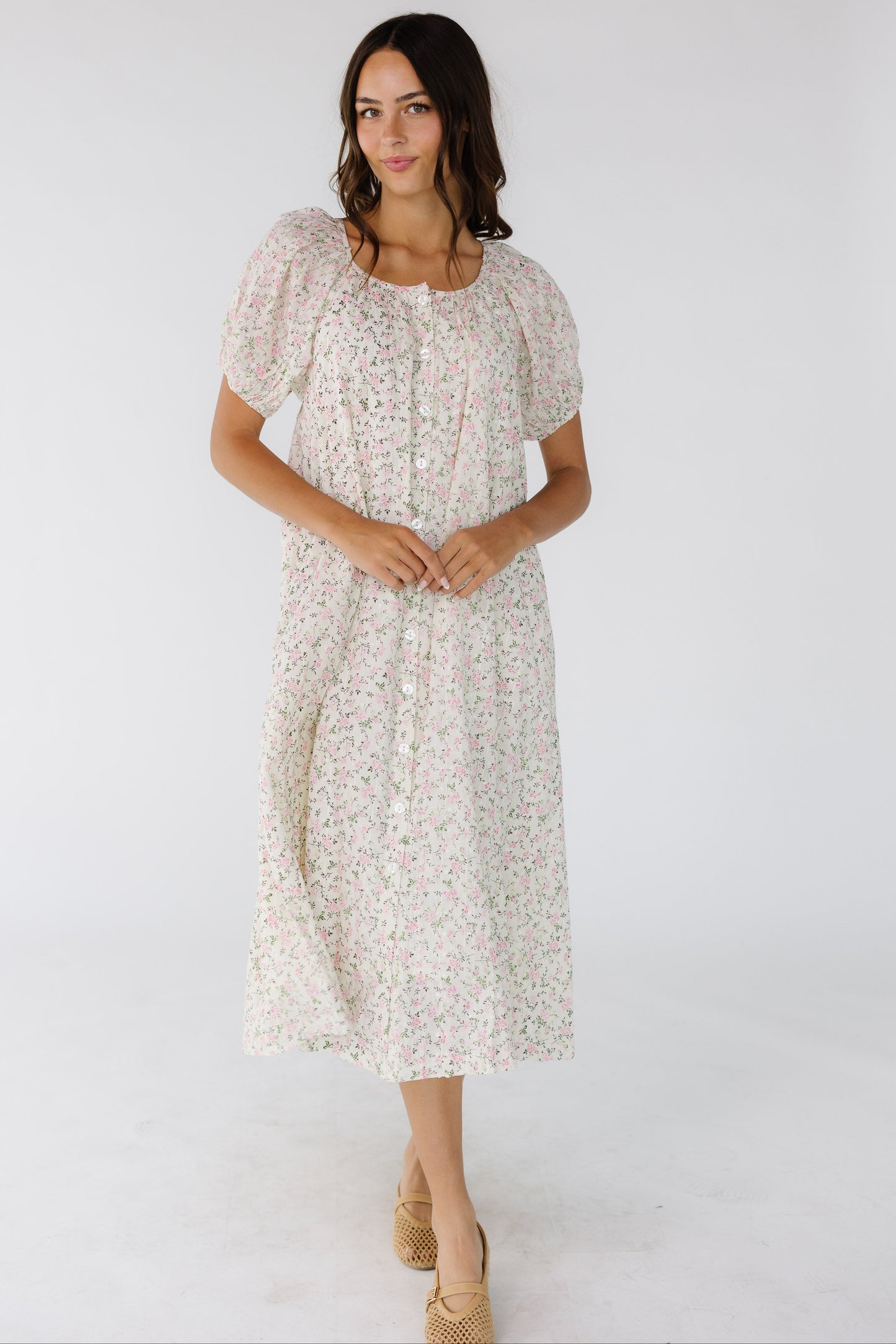 Citrus Mali Midi Dress in a white with pink floral print for women and teen girls.