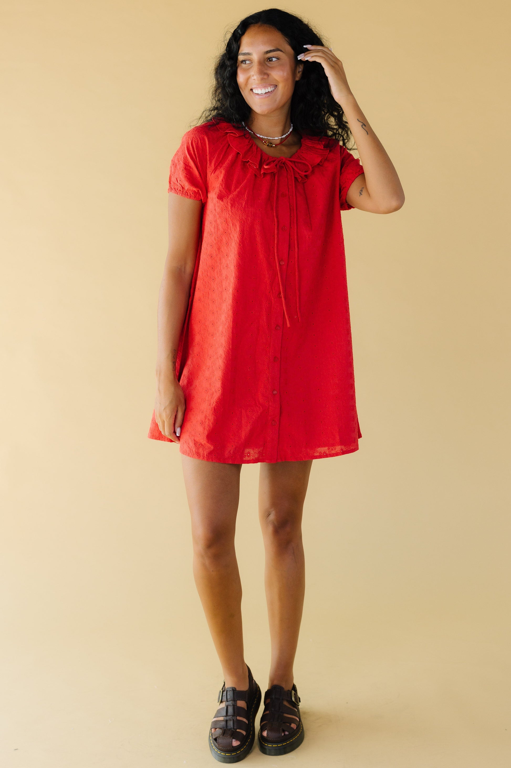 red eyelet dress Women's THML Picnic Promises Gingham Cotton Midi | Size: Xs Boutique Clothing Muse Eyelet Drop Waist Midi