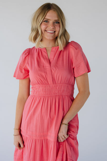 Close view of pink Shae dress with short sleeves and wide 3 elastic band waist