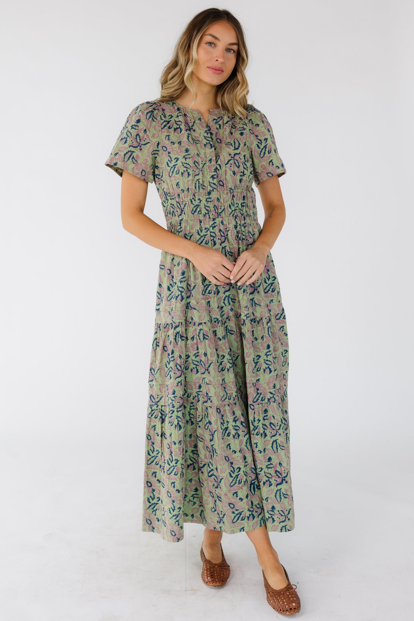 Citrus Shae Dress in green floral print for women and ten girls.