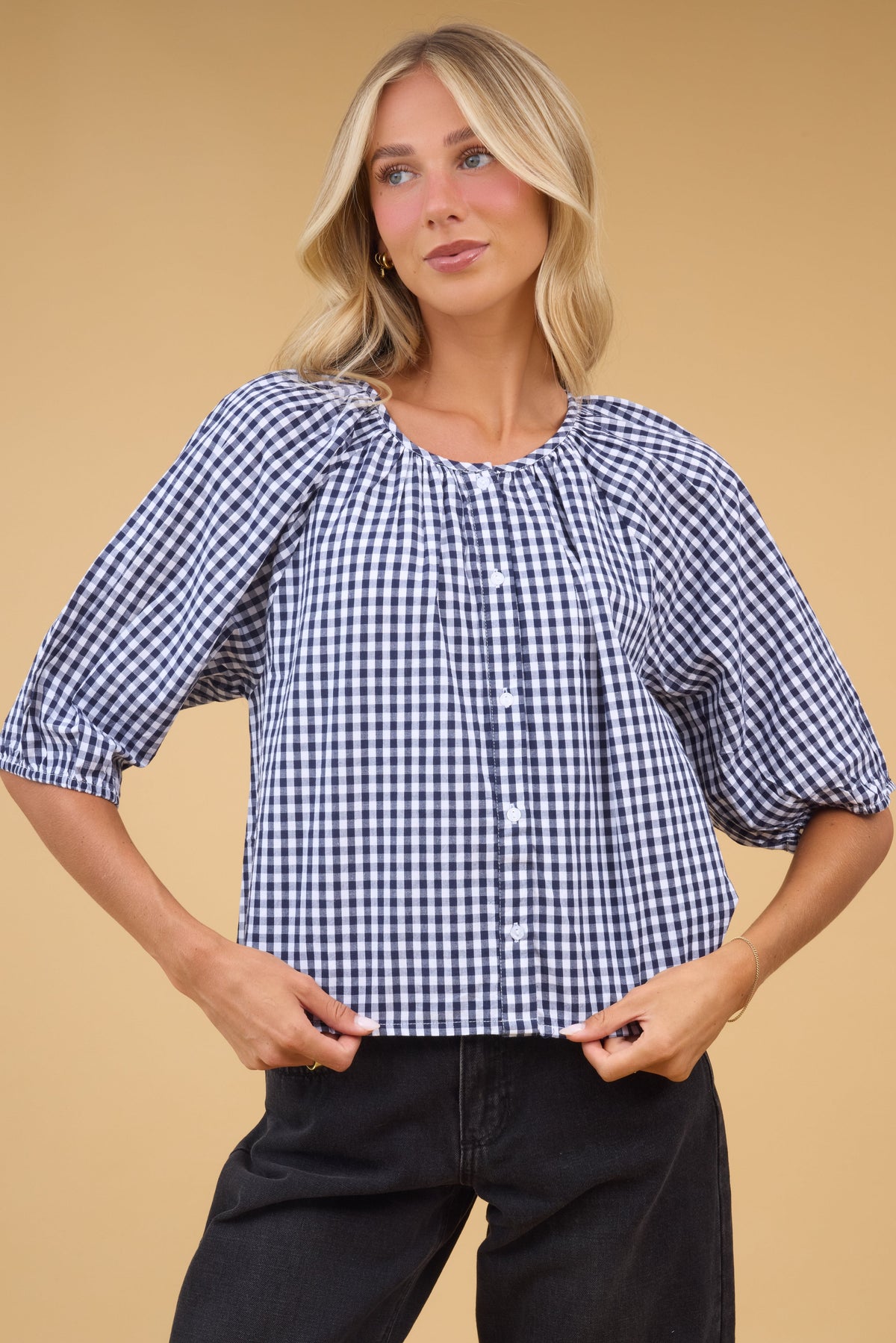 Citrus Southtown Button Topin navy gingham for women and teen girls.