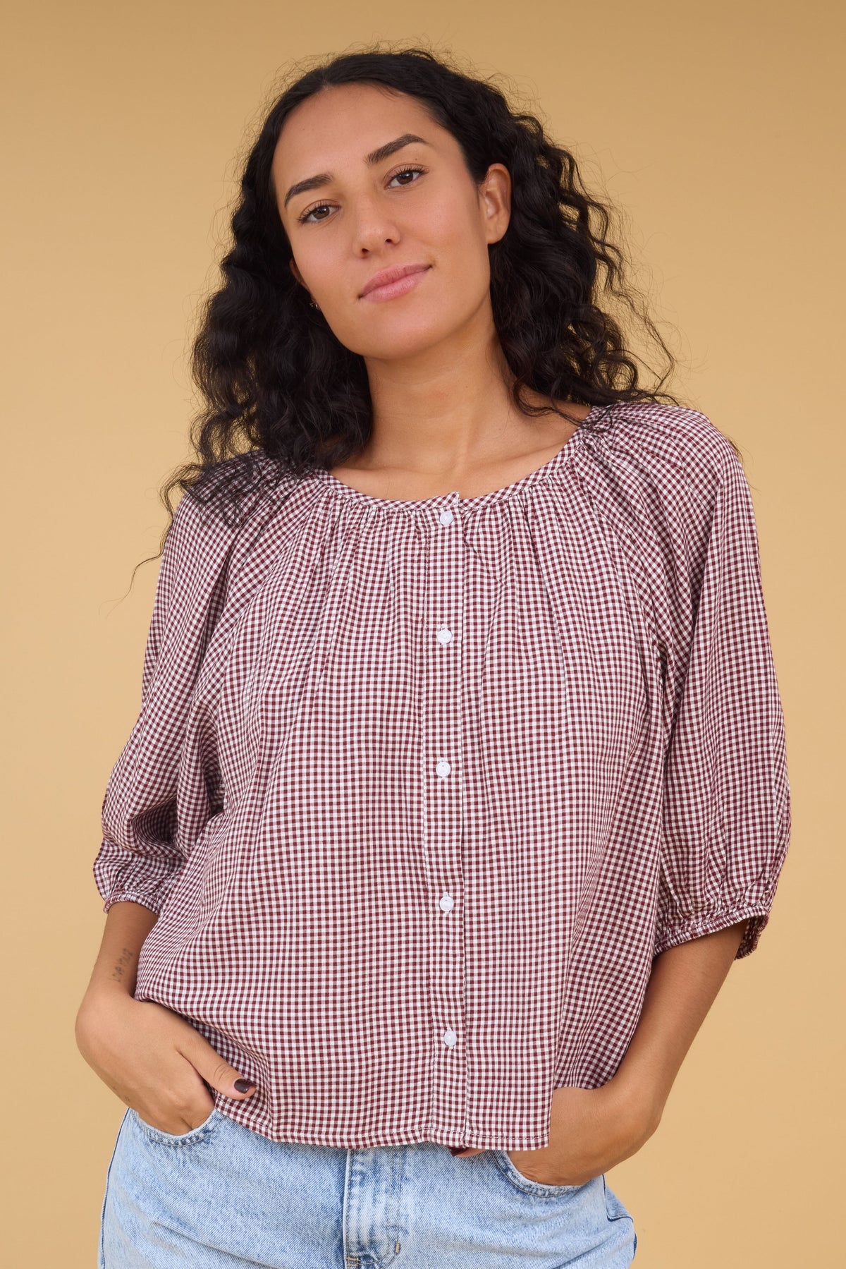 Citrus Southtown Button Top in burgundy gingham for women and teen girls.