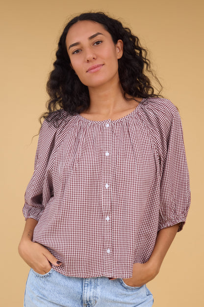 Citrus Southtown Button Top in burgundy gingham for women and teen girls.