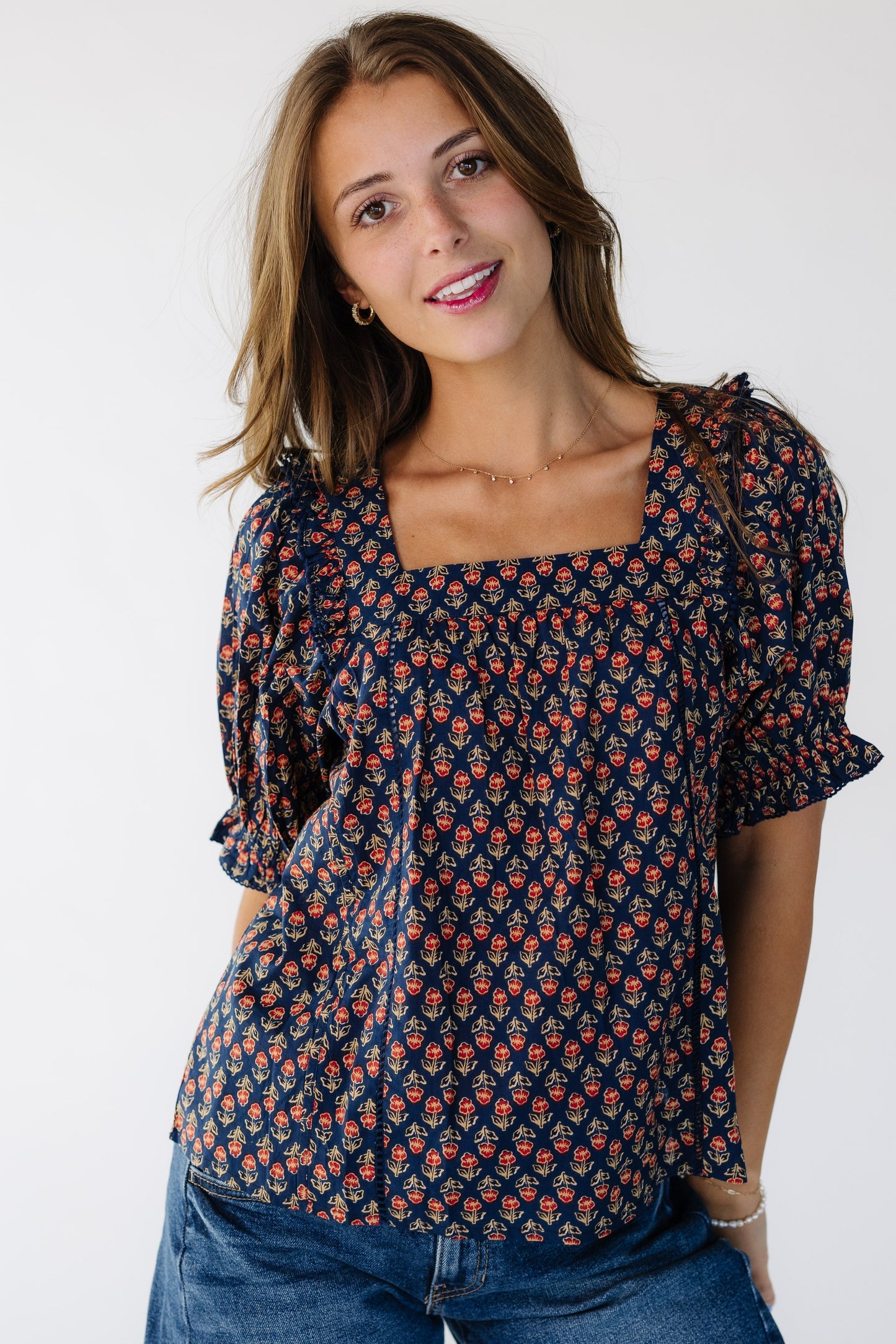 Citrus Square Neck Top in a navy floral print or women and teens.