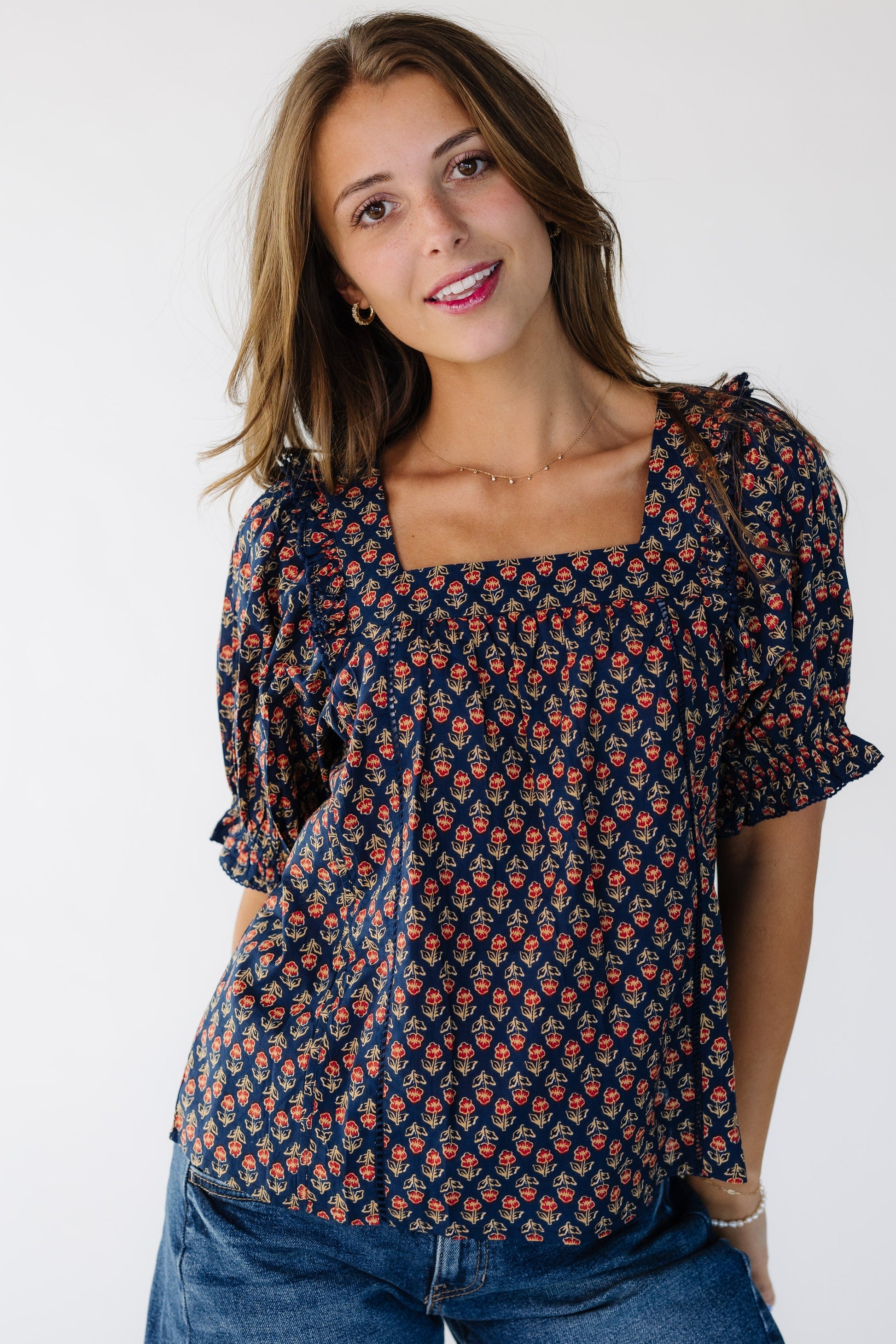 Citrus Square Neck Top in a navy floral print or women and teens.