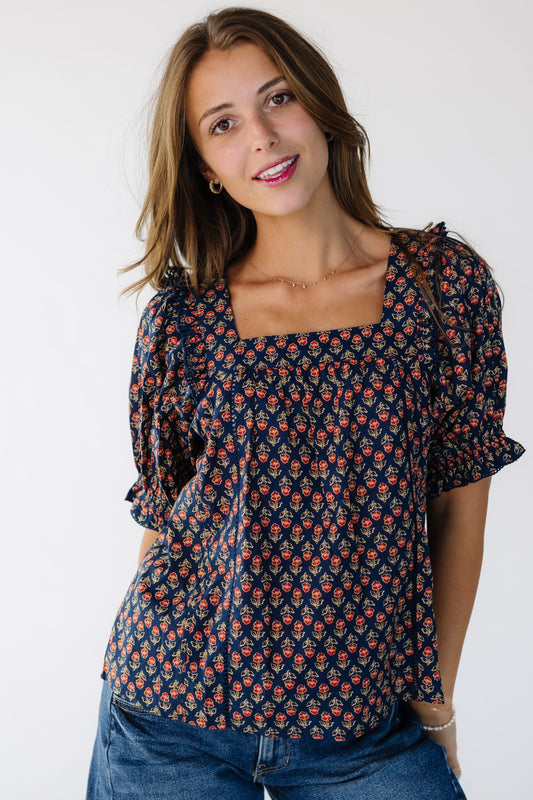 Citrus Square Neck Top in a navy floral print or women and teens.