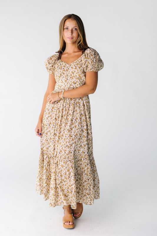 Citrus The Swiss Dobby Bow Dress WOMEN'S DRESS Citrus Tan Print XS 