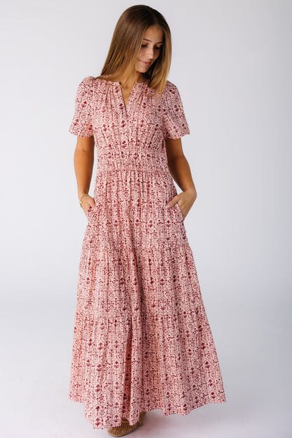 Citrus The Shae Print Dress in rose & burgundy print for women and teens